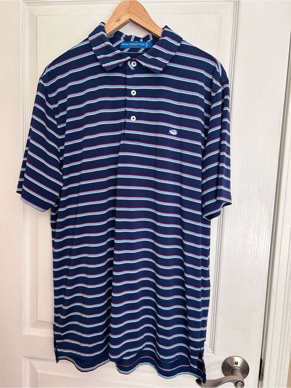 Southern Tide Navy, White & Red Striped Polo